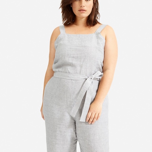 Everlane Pants - Everlane Striped Railroad Linen Women's Gray Jumpsuit Square Neck Tie XL